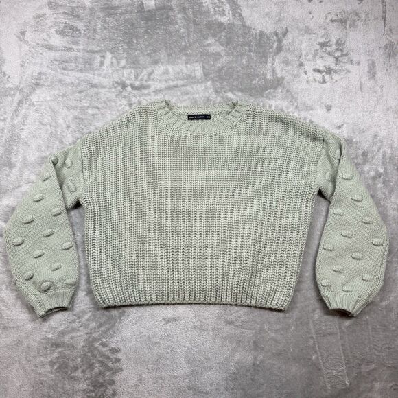 Moon & Madison Sweater Womens XS Green Cropped Oversized Long Bobble Sleeve Knit - Picture 1 of 5